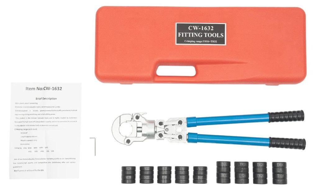 PEX Presszange Set - Crimpwerkzeug 6T CW-1632 - 9 Einsätze für PEX Kupfer Aluminium Rohre, 360° drehbarer Kopf, Teleskopgriff, ergonomischer Gri...
