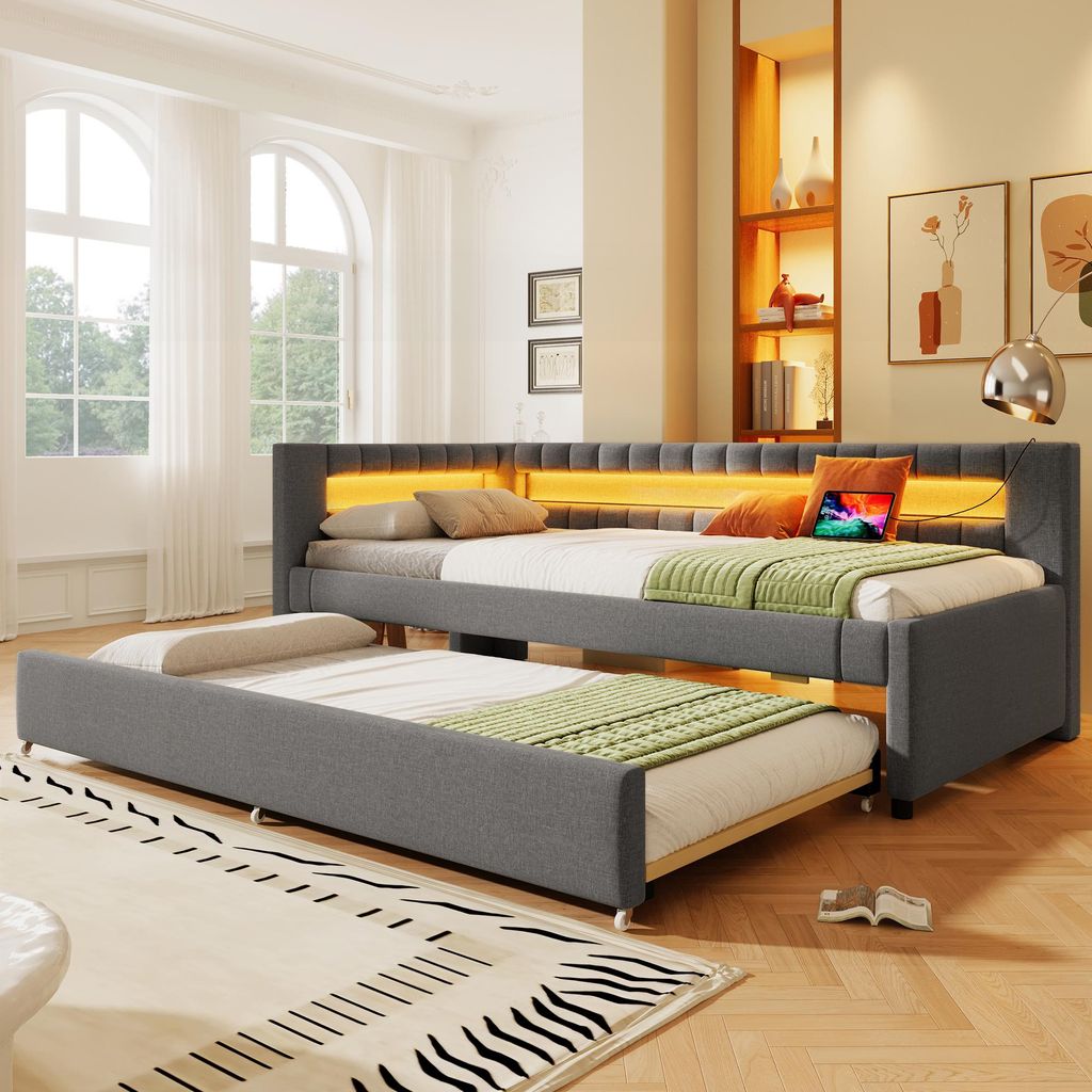 Merax Tagesbett Daybett 90x200 cm, mit Ausziehbett 90x190 cm, LED, USB und Type-C, Schlafsofa, Schlafsofa, Grau