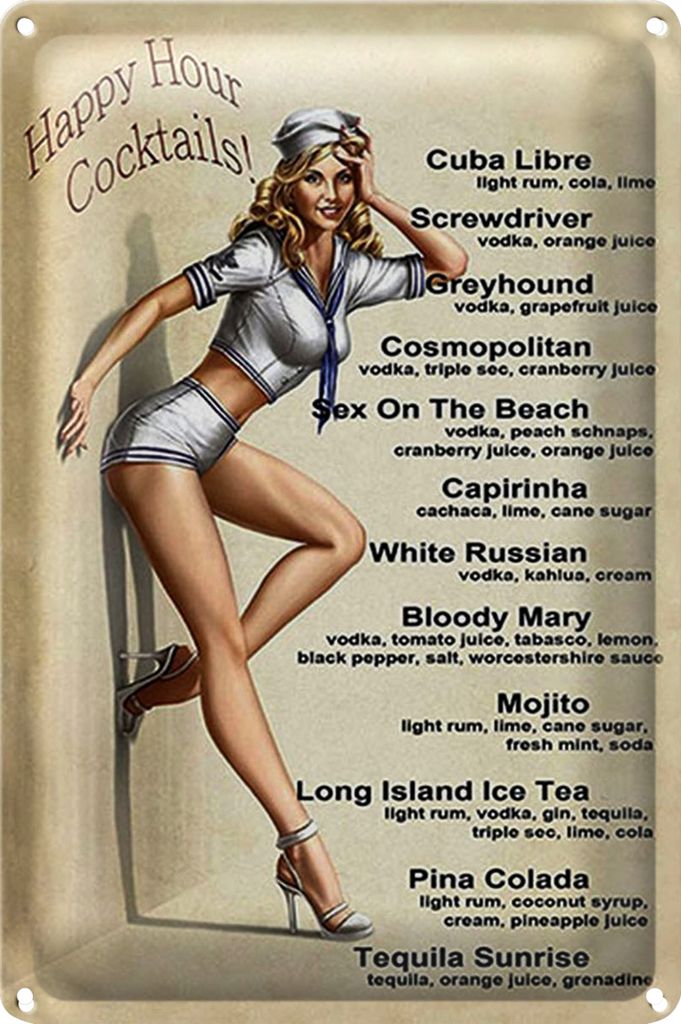 Blechschild Pin Up 40x30cm Happy Hour Cocktails Mojito