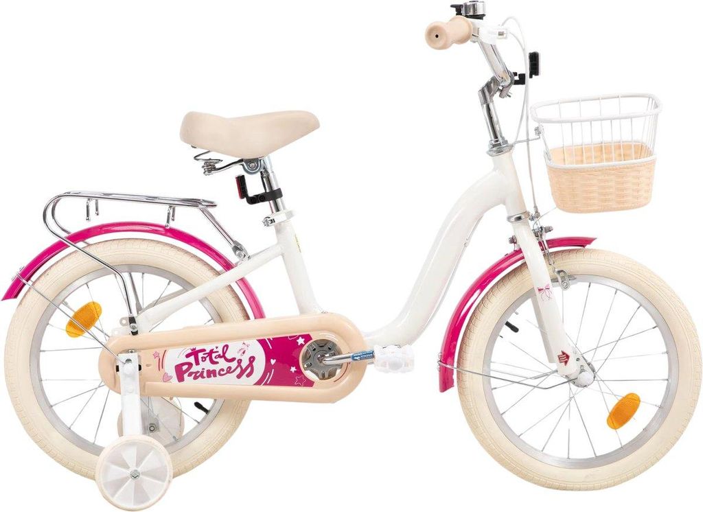 Kinderfahrrad – Für Kinder von 3–10 Jahren – Mit Stützrädern, Fahrradkorb & Gepäckträger – 41 cm – Weiß