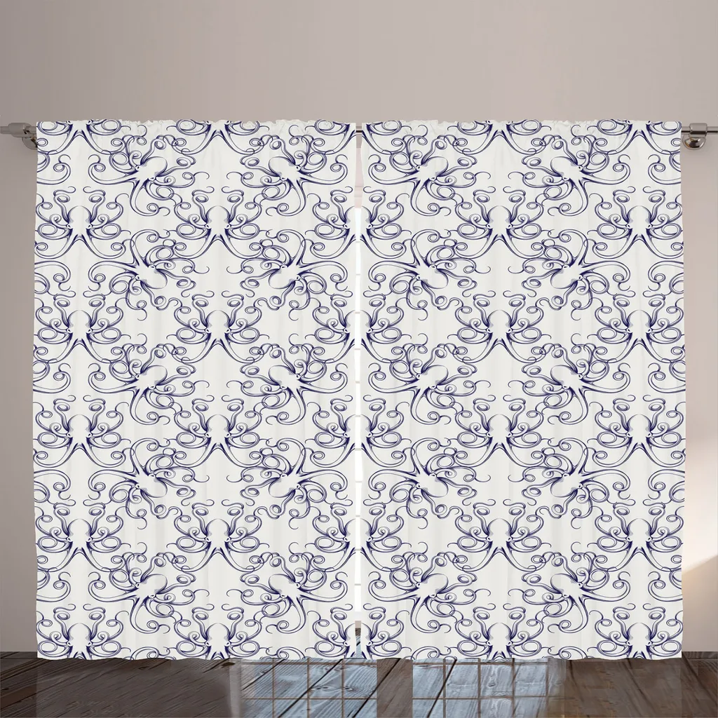 Rideau pieuvre indigo en tissu rustique avec boucles et crochets 280cm