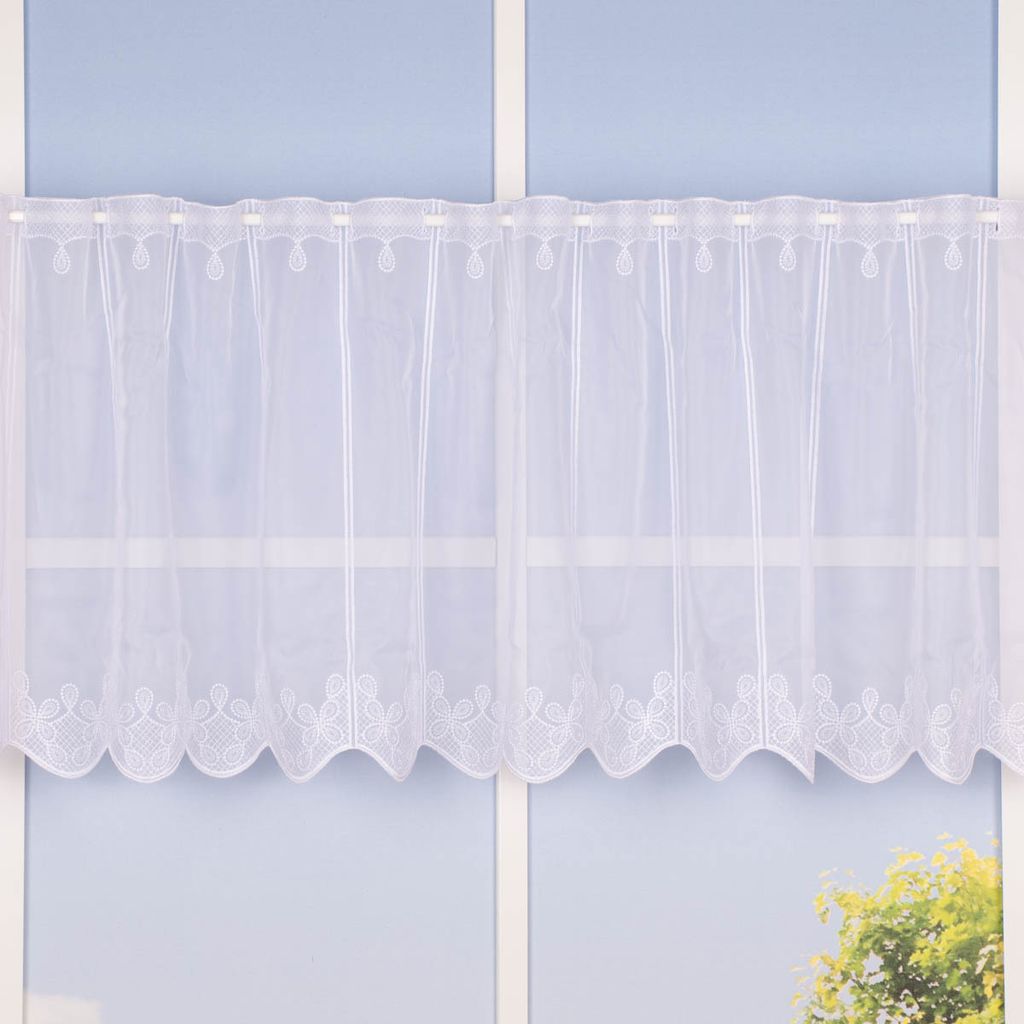 Scheibengardine Meterware Voile Stickerei Ornamente nähfrei weiß 45cm