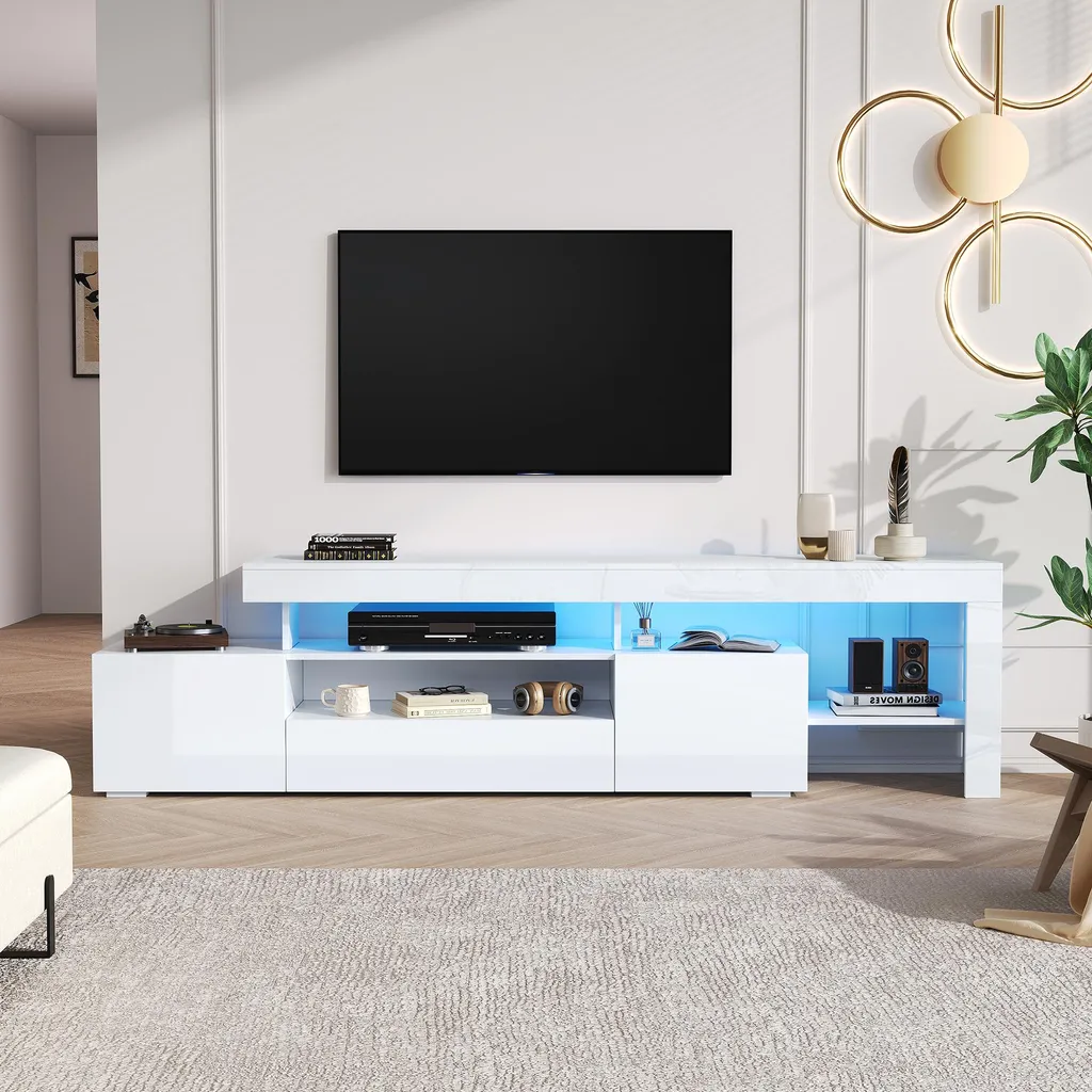 Buffet Bas TV 85 Pouces avec Éclairage LED et 3 Grands Compartiments