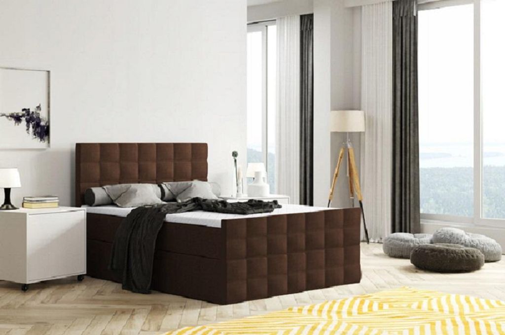 Bett, Boxspringbett MERA mit Fußteil, Bettkästen, VISCO Topper, Doppelbett, Stauraum, Federkern, 160x200 cm (Braun - Inari 28)