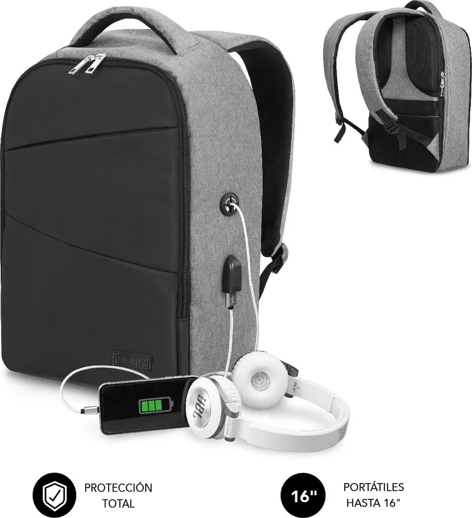 Sac à Dos Antivol PC 15.6 Subblim Secure V2 Gris - Chargeur USB Intégré