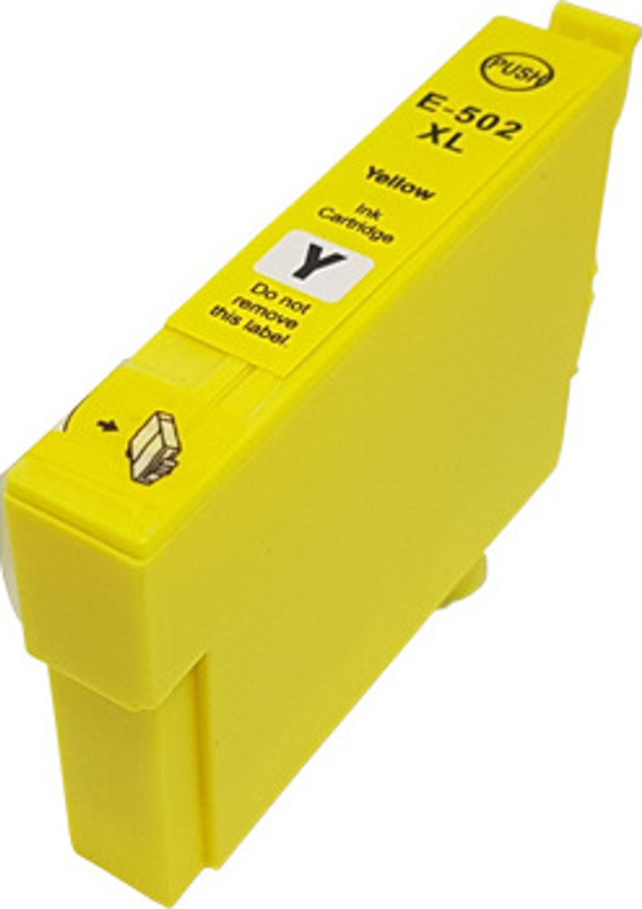 A yellow ink cartridge is shown from a slightly elevated angle against a white background.