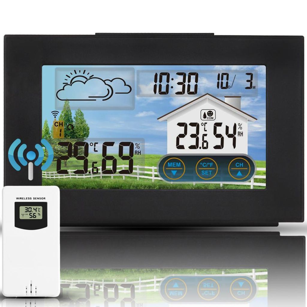 Wetterstation, Wetterstation Funk mit Außensensor, mit Wettervorhersage, Innen und Außen Temperatur / Luftfeuchte, Farbdisplay, für Zuhause Haus...
