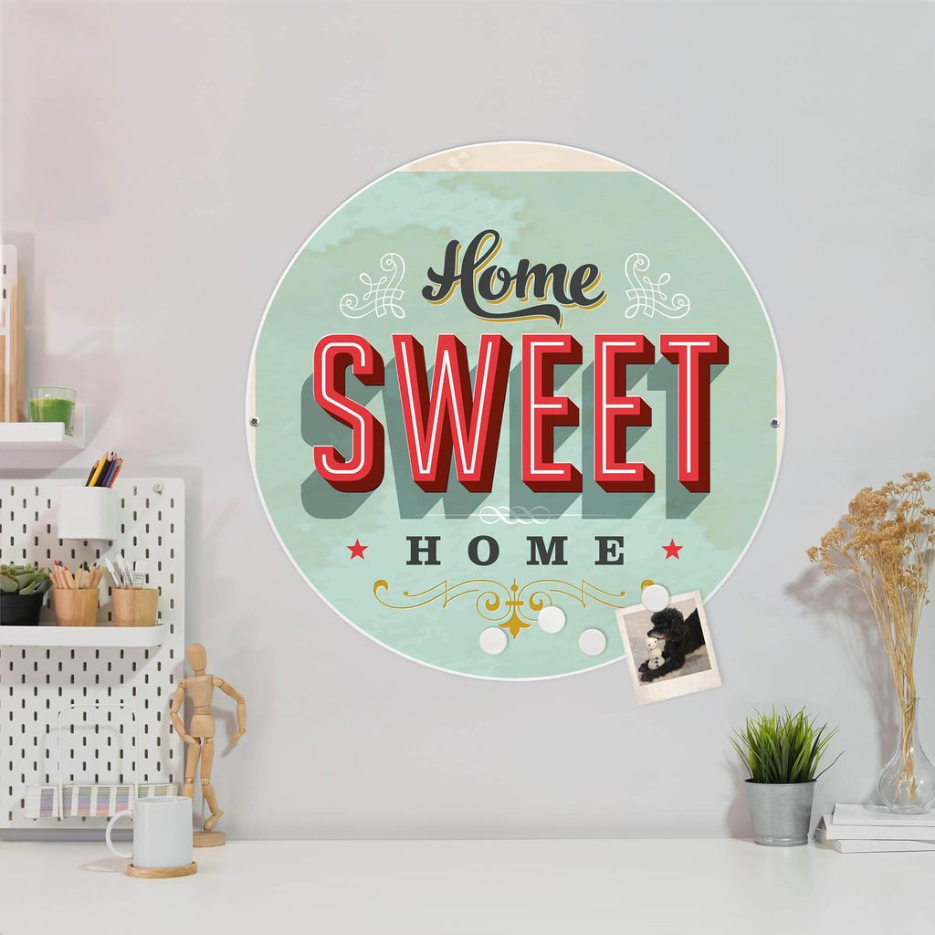 Design Stahlmagnettafel Weiß Rund 47cm Home Sweet Home