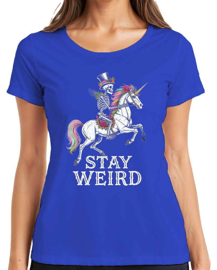 Stay Weird Skelett Einhorn Regenbogen Gothic Vintage Geschenk Damen T-Shirt, Blau, XL