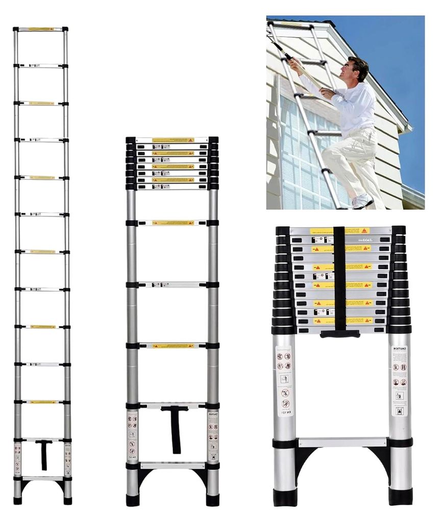 Teleskopleiter 5,0 m, Ausziehbare Trittstufen, Aluminium, Klappbar, Multifunktionsleiter, Tragkraft 150 kg, Stufenabstand 30 cm