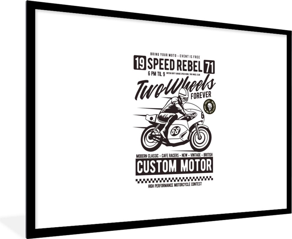MuchoWow MuchoWow Gerahmtes Poster Motorrad - Mann - Helm - Vintage 90x60 cm - Poster mit zchwarzem Bilderrahmen - Wanddekoration - Fotos