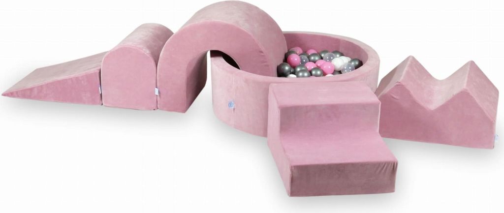 Schaumstoffspielplatz mit Rundbecken 90x30 Velvet Soft Pink + 5 Elemente + 200 Bälle: transparent, weiß, silber, puderrosa