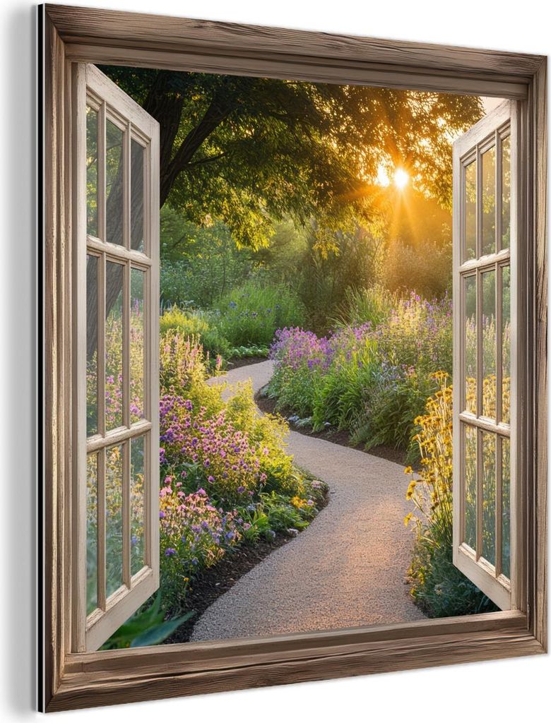MuchoWow Wanddekoration Metall Metallbild Wandkunst 50x50 cm Aussicht - Blumen - Natur - Sonne - Weg MuchoWow Aluminium Gemälde - Alubild - Indust...