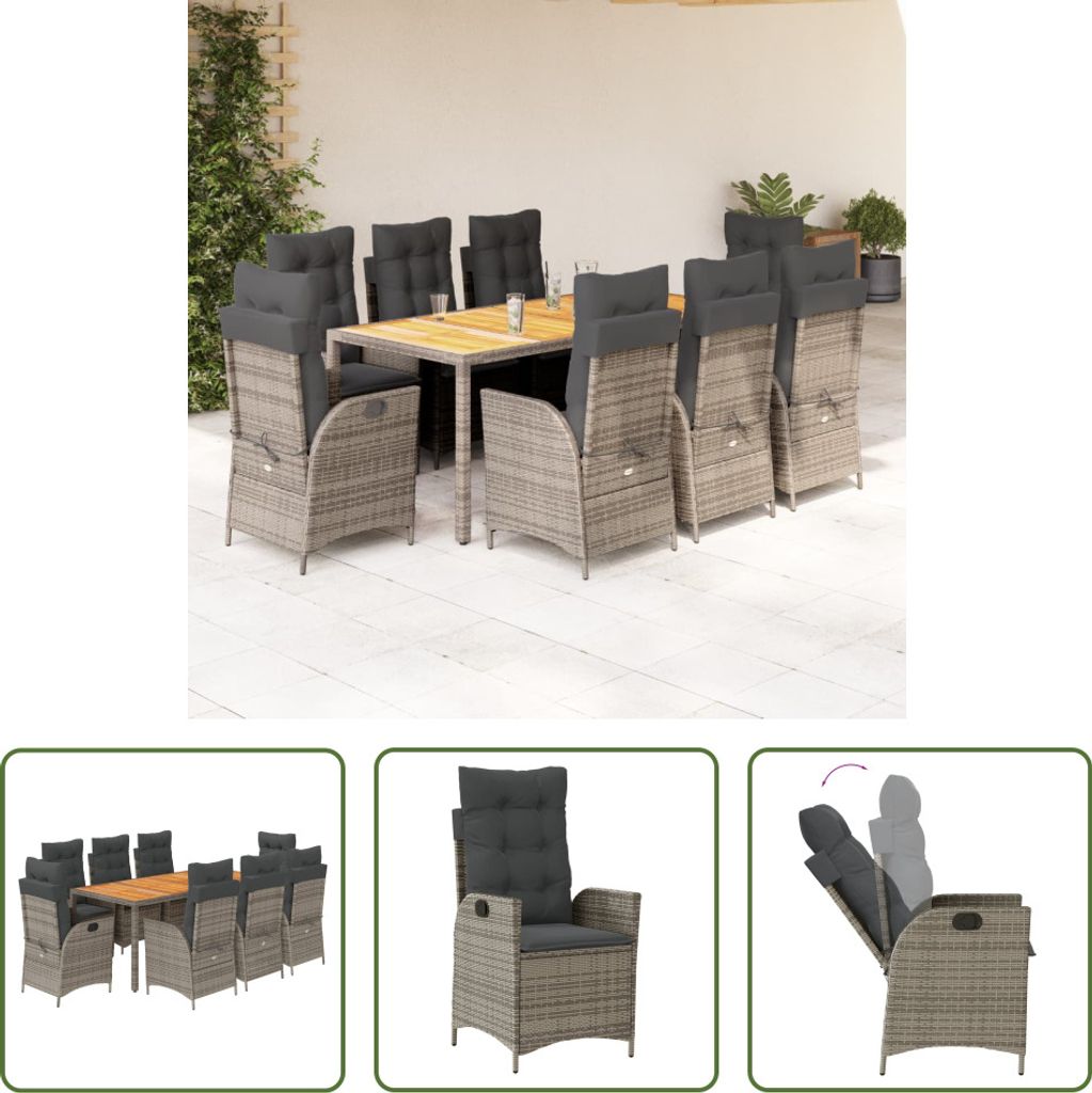 The Living Store 9-tlg. Garten-Essgruppe mit Kissen Grau Poly Rattan