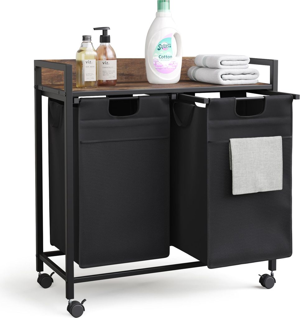 Mondeer Wäschekorb 2 Fächer Wäschesammler mit Ablage und 2 Wäschesäcken 2x50L ausziehbar abnehmbar