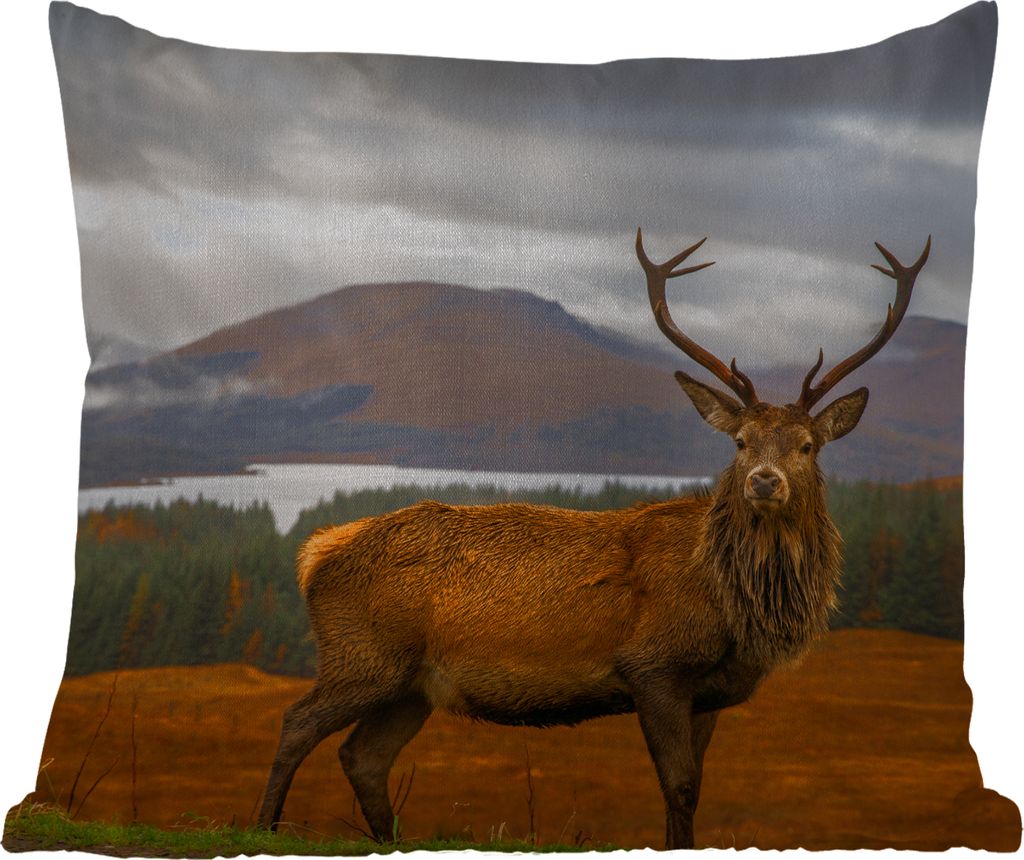 MuchoWow Outdoor Kissen - Hirsche - Berge - Wasser - Landschaft - Tiere - Bäume - 45x45 cm - Wetterfest - Lounge Kissen - Fotokissen - Dekorativ...