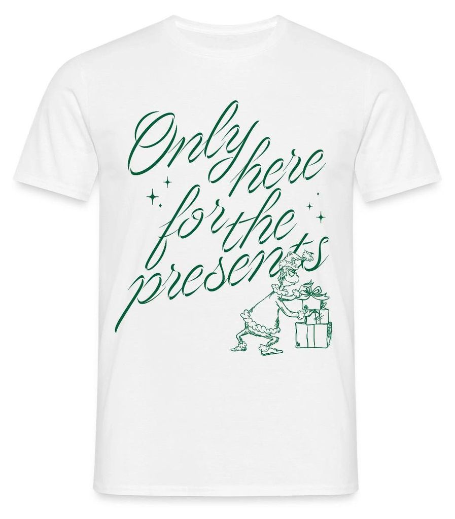 Spreadshirt Der Grinch Spruch Only Here For The Presents Männer T-Shirt, M, Weiß