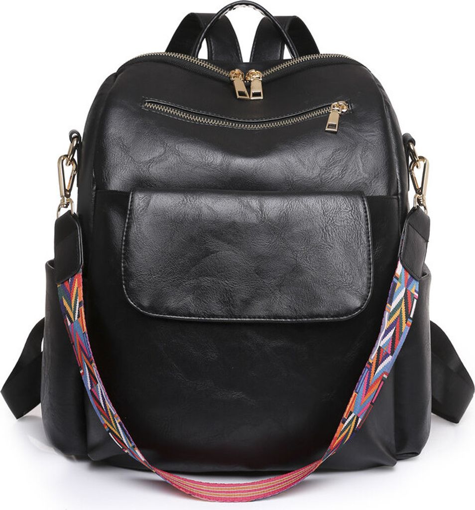 (Schwarz) Damen-Kunstleder-Rucksack-Geldbörsen Mehrzweck-Design Handtaschen und Umhängetasche Kunstleder-Reisetasche