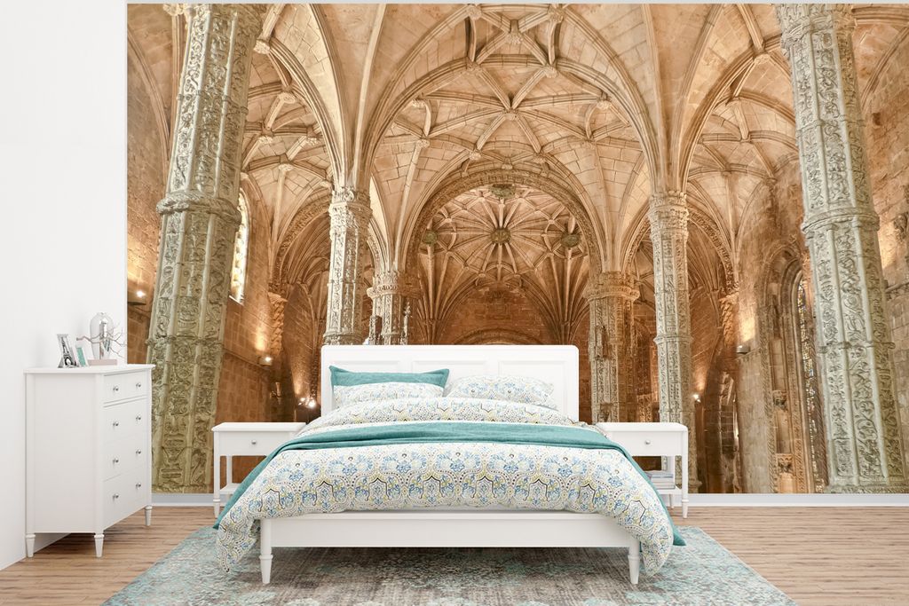 MuchoWow Fototapete für Wohnzimmer oder Schlafzimmer Wandtapete Vinyl Motivtapete Die wunderschöne Decke und die Säulen im Mosteiro dos Jerón...