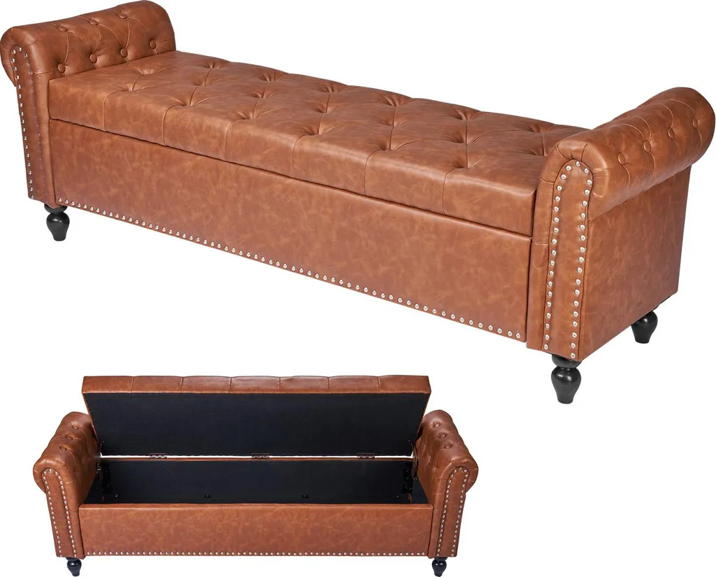 SucceBuy Banc Ottomane en Cuir PU Marron 166cm avec Pieds en Bois