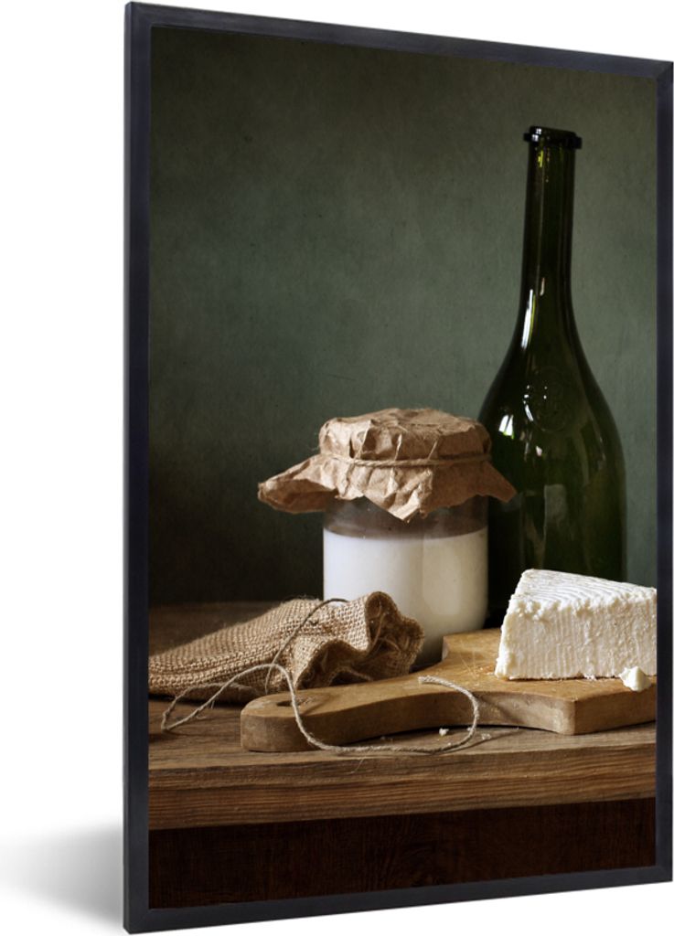 MuchoWow Gerahmtes Poster Rustikal - Brie - Stillleben - Flasche - Brot 60x90 cm - Poster mit Schwarzem Bilderrahmen Wandposter Rahmen Foto Bilde...