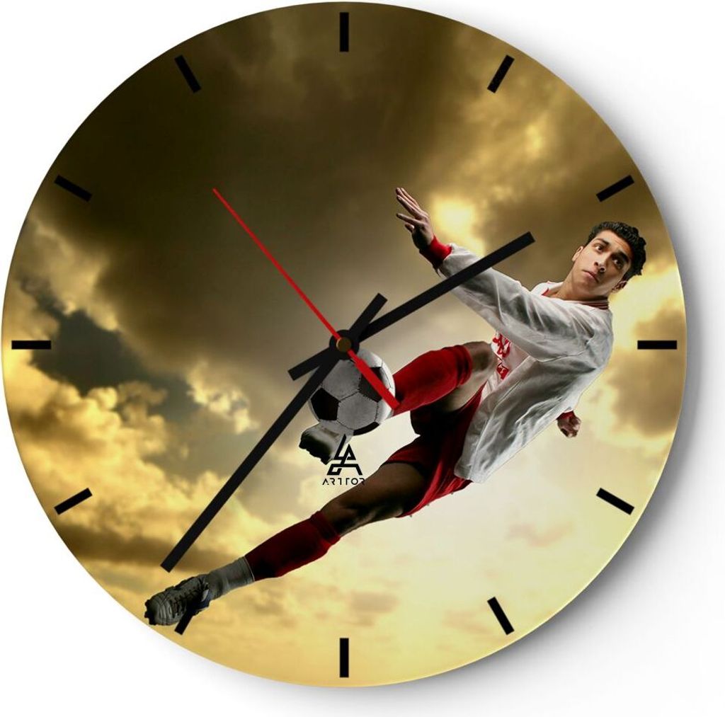 Wanduhr - Rund - Glasuhr - Ball Junge Fußball Training - 40x40cm - Schleichendes Uhrwerk - Lautlos - zum Aufhängen bereit - Dekoration Modern - W...