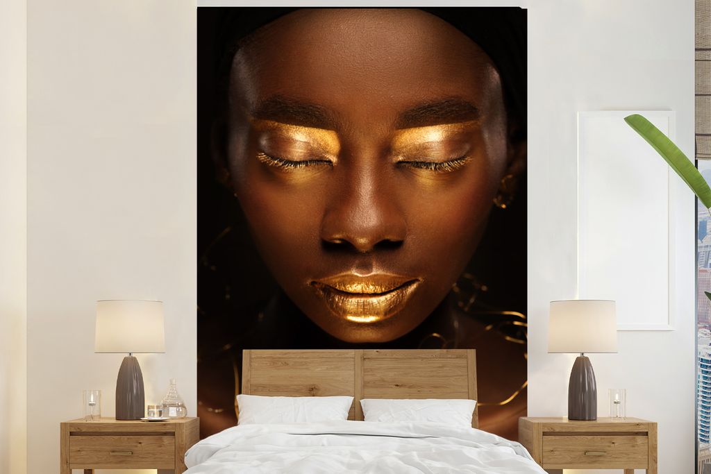 MuchoWow Fototapete für Wohnzimmer oder Schlafzimmer Wandtapete Vinyl Motivtapete Schwarz und Gold - Schmuck - 155x240 cm - Tapete