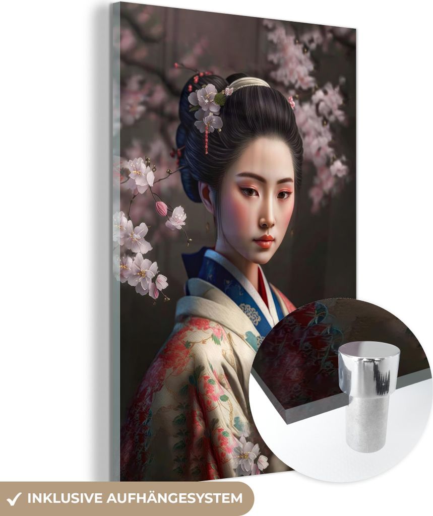 MuchoWow Glasbilder - Bilder auf Wandbild - Foto auf Glas Frau - Sakura - Kimono - Asiatisch - Porträt 40x60 cm Wanddekoration aus Glas - Acrylgla...