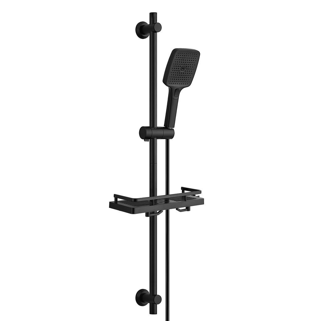 JOHO Edelstahl Duschstange 100 cm mit Ablage, Brausestange Set mit Handbrause, Verstellbar Duschset passend für vorhandene Bohrlöcher, Schwarz
