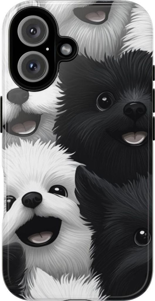 Fröhliche Hunde-Gesichter in Schwarz-Weiß – Hülle Kompatibel mit iPhone 16
