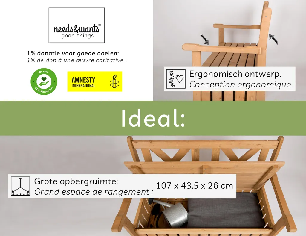 needs&wants® Panca da giardino in legno resistente alle intemperie con vano portaoggetti e copertura, panca a 2 posti in legno panca classica, panca da parco panca da giardino solida da esterno con cassapanca, 115x58x85 cm, in legno naturale massiccio, marrone scuro - 11
