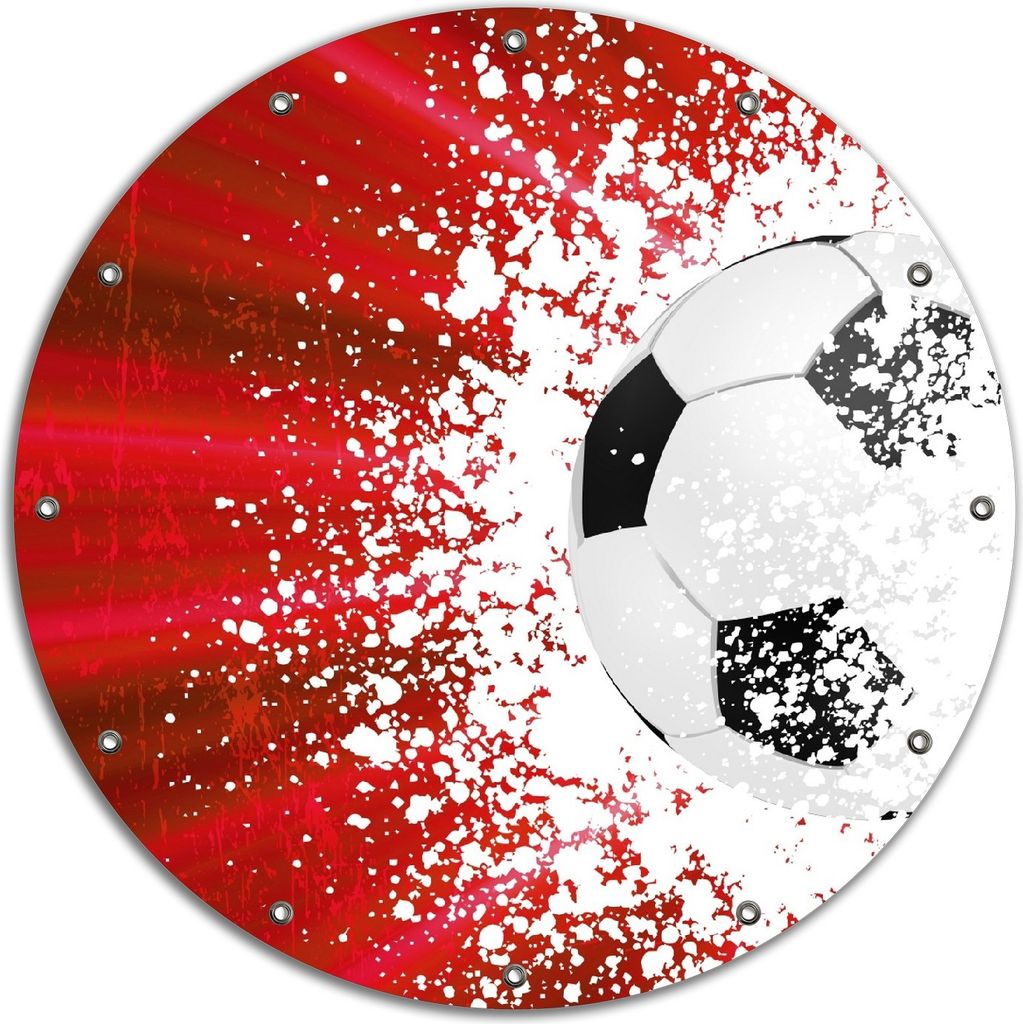 Wallario rundes Outdoor-Poster für Garten oder Balkon, Motiv Fußball - Splashing Design in rot, 90 cm Durchmesser
