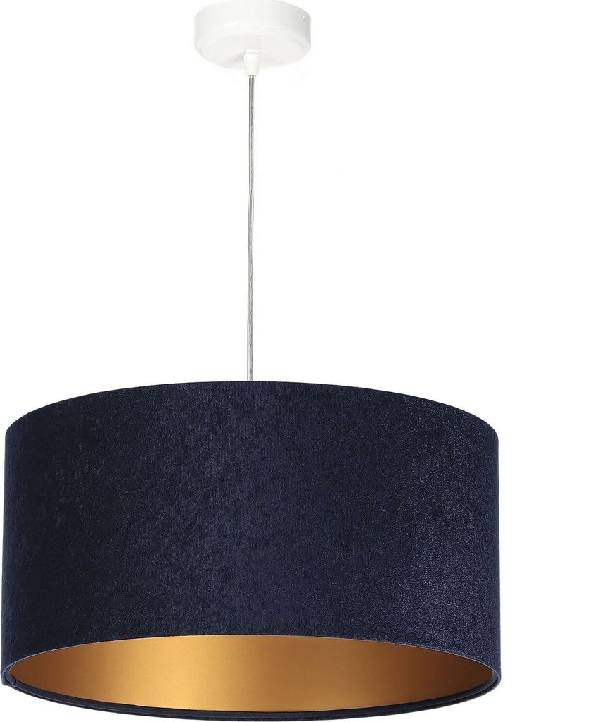 Stilvolle Pendelleuchte Blau Gold Stoff in Velours Optik Produktbild 