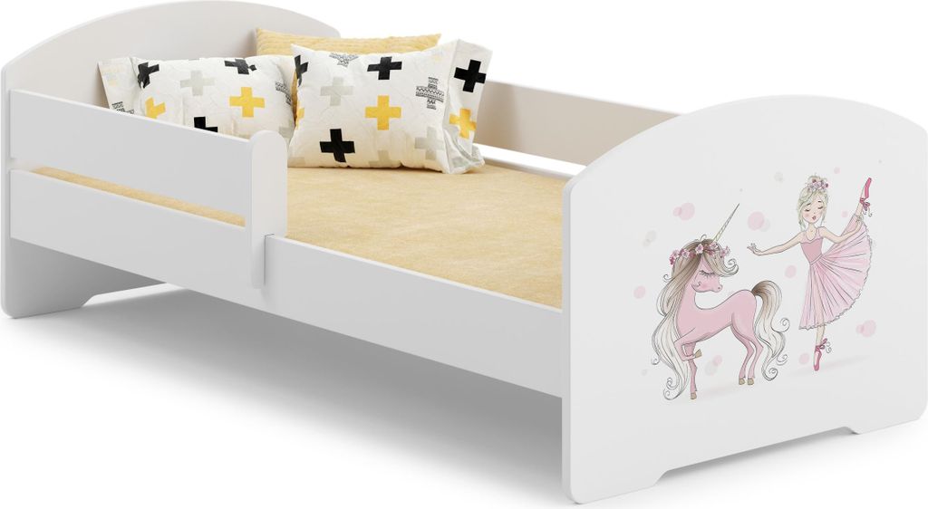 Kinderbett LUK mit Schutzbarriere 160x80 cm – Mädchenmotiv Einhorn, inklusive Matratze und Schublade, sicher und umweltfreundlich, Weiß