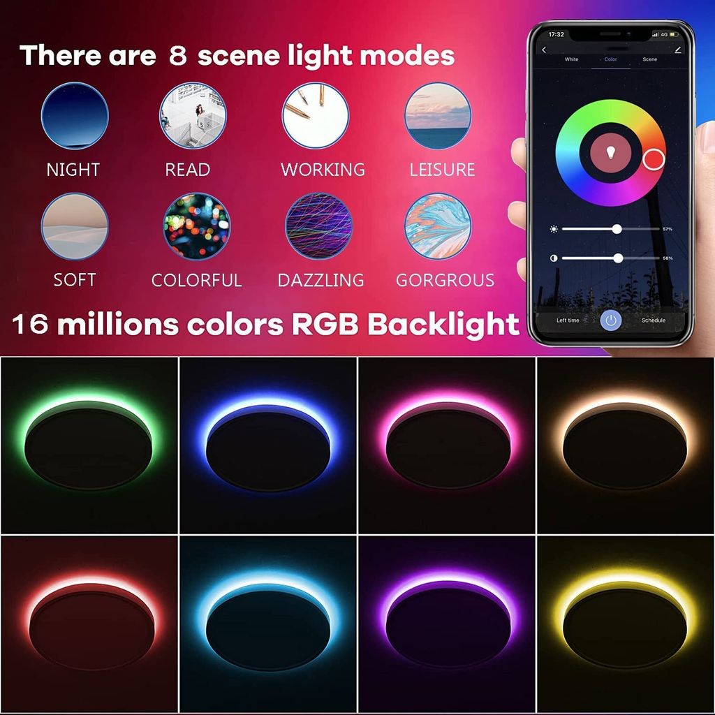 Ściemnialna lampa sufitowa, lampa sufitowa LED WIFI RGB do Zdjęcie produktu 2