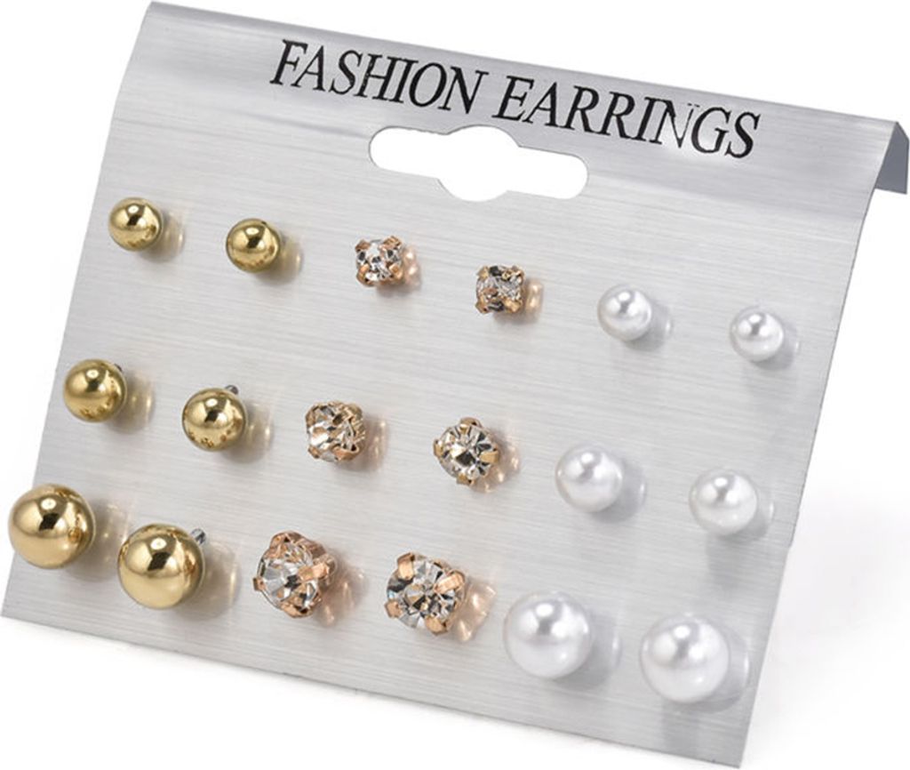 9 Paare Mode Frauen Strass Faux Perle Ohrstecker Ohrringe Set Schmuck Geschenk-Gold