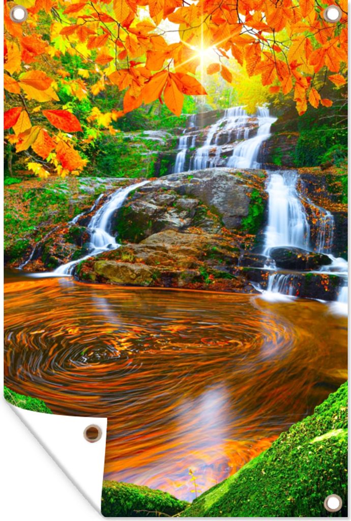 MuchoWow 80x120 cm Outdoor-Poster Gartendeko Sichtschutz Garten Poster für den Garten Natur - Wasserfall - Steine - Moos - Blätter - Grün