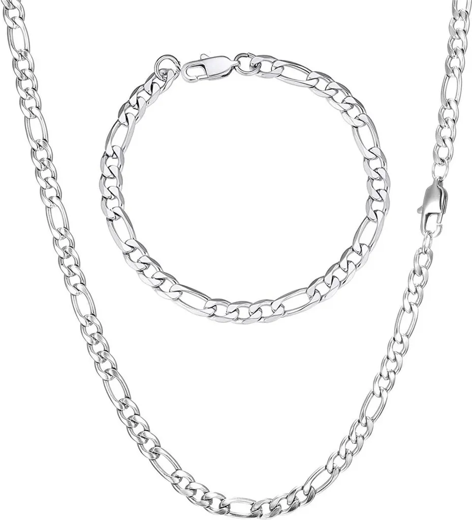 Collier Homme Argent Maille Figaro 9mm Acier Inoxydable Longueur 45-65cm