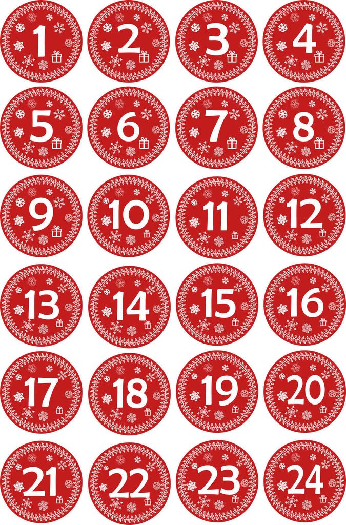 INDIGOS UG - rund 30x30mm - Aufkleber für Adventskalender 1 to 24 - rot Vintage Style - Labels - Stickers - Weihnachtskalender - Weihnachten - Adv...