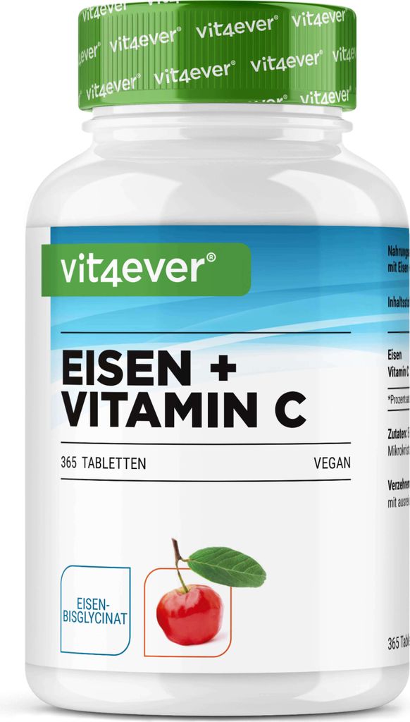 Eisen - 365 Tabletten mit 40 mg reinem Eisen + natürlichem Vitamin C - Premiumrohstoff: Eisenbisglycinat (Eisen-Chelat) – Hochdosiert – Vegan - Laborgeprüft