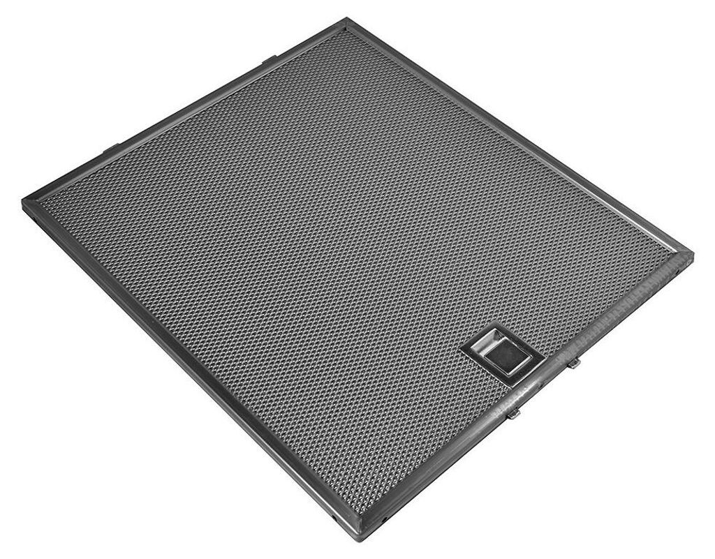 A metal range hood filter is shown against a white background.
