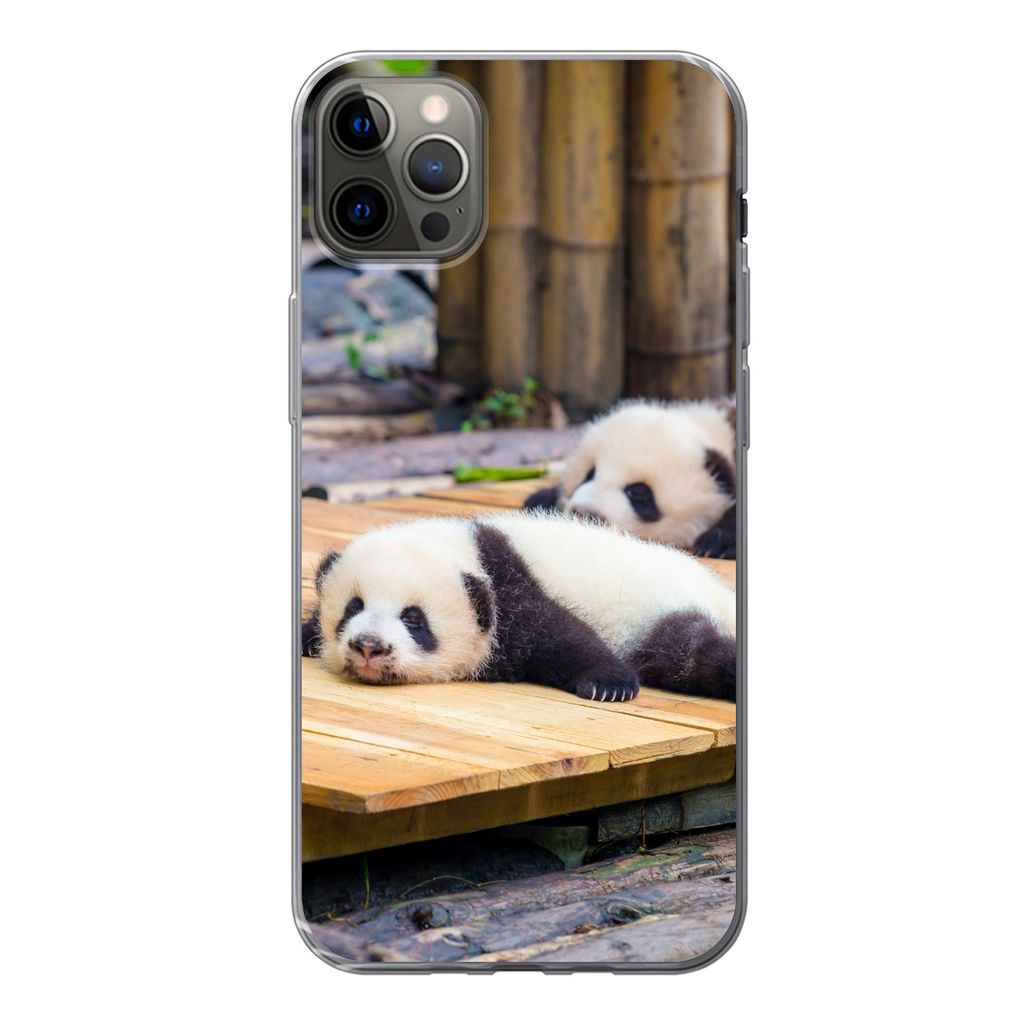 MuchoWow Handyhülle Schutzhülle Hülle für iPhone 13 Pro Max Pandas - Boden - Holz Silikon Softcase Handy Hülle - Mobiltelefon