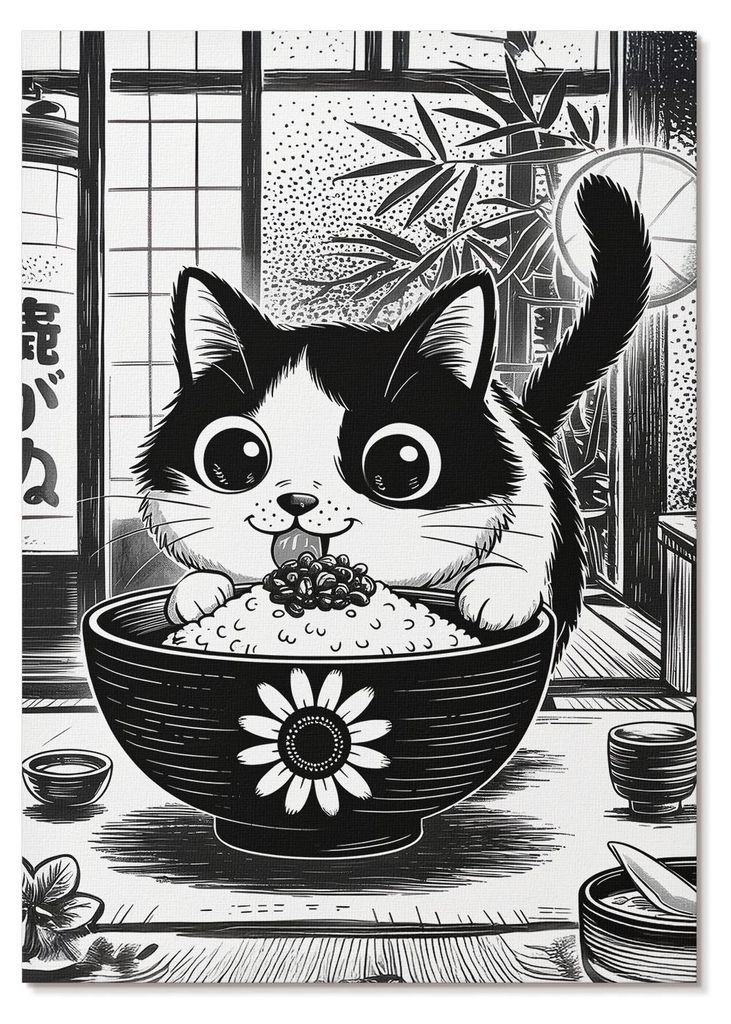 POSTER - 42x59 cm (A2) - Mila "Layer" Paradise - Katze in einer Schüssel Reis, Comic-Stil, östlicher Stil - Wandbild für Wohnzimmer Schlafzimmer...