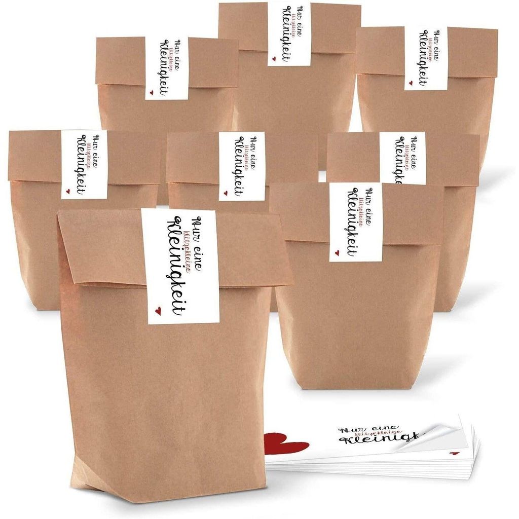 25 kleine braune natur Geschenktüten Papier-Tüten + beschreibbare Aufkleber WEISS KLEEBLATT Glücksbringer 14 x 22 x 5,6 cm Verpackung Geschenk H...