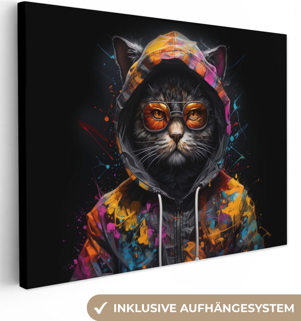 Leinwandbilder 80x60 cm - Graffiti - Katze - Mantel - Brille - Schwarz, Bilder Wohnzimmer Modern, Wanddeko