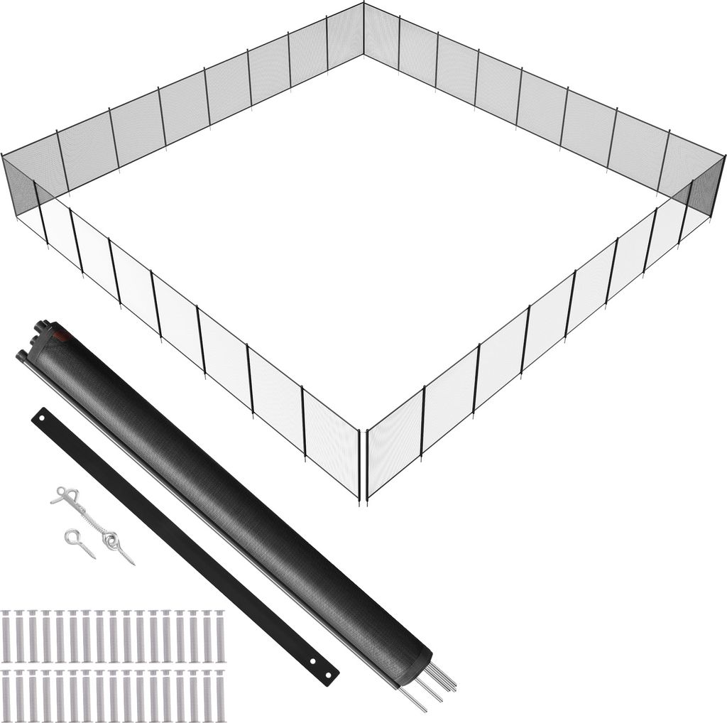 A white background displays a pool fence and its components.