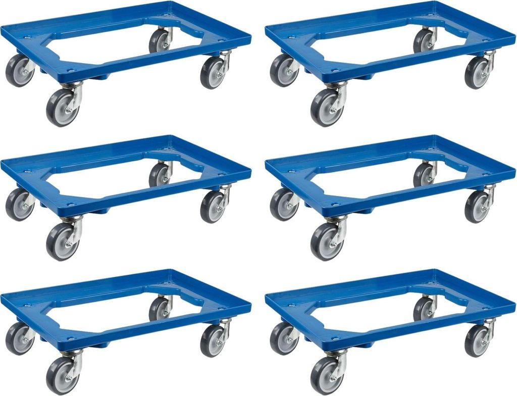 SparSet 6x Transportroller für Euroboxen 60x40cm mit Gummiräder blau | Offenes Deck | 2 Lenkrollen & 2 Bremsrollen | Traglast 300kg | Kistenrolle...