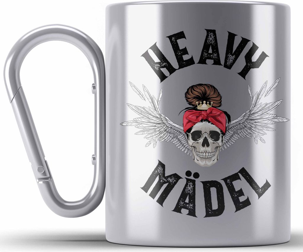 Trendation - Heavy Metal Mädel Geschenk Frauen Edelstahl Tasse Karabiner Death Metal Becher Metalfal Rocker Biker Geschenkidee (Silber)