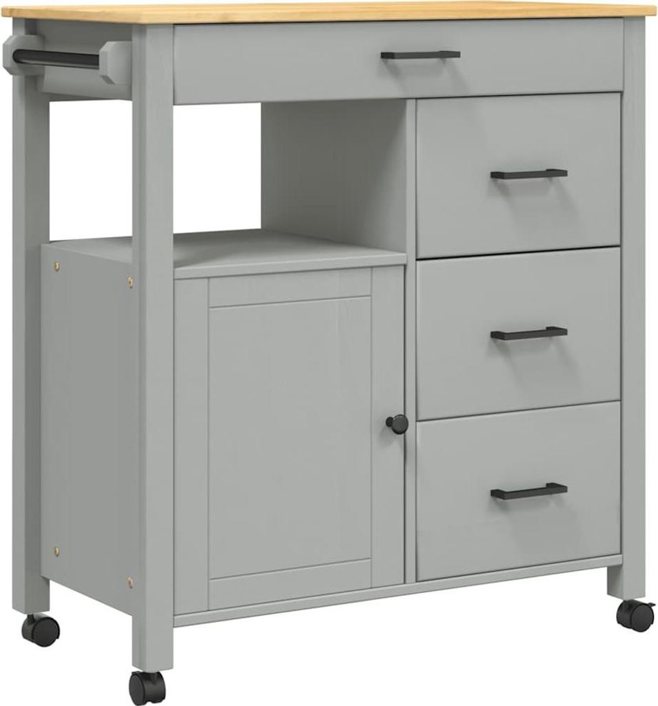 A grey kitchen cart with a wooden top and black handles is shown against a white background.