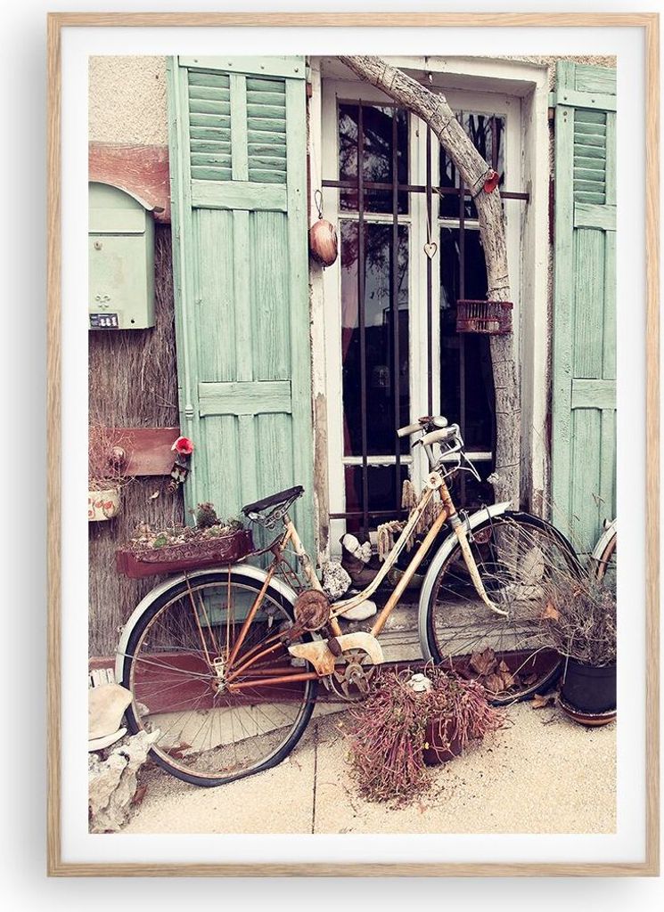 Gerahmtes Poster - Rahmen in heller Eiche - Fahrräder Vintage Mietshaus - 70x100 cm - Wand Bild - Wanddeko - Wandbilder - Kunstposter - Wandposter...